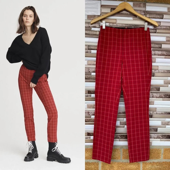 Rag & Bone Red Multi Simone High Rise Plaid Pants size 2